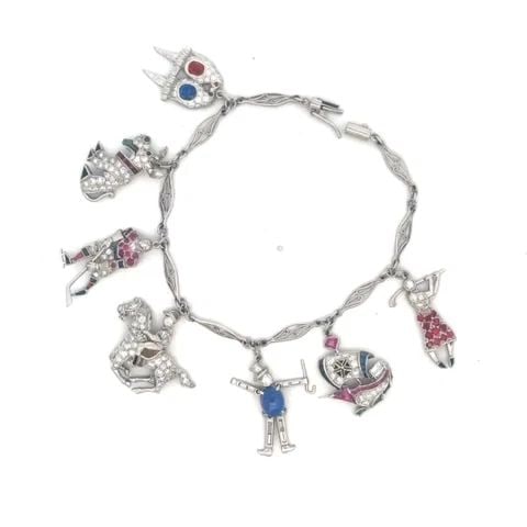 ART DECO PLATINUM BRACELET DIAMOND & GEMS 7 ASSORTED CHARMS (1 of 1)