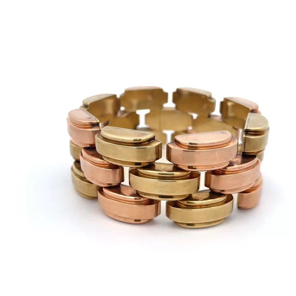 4911 VINTAGE 14K ROSE YELLOW GOLD 3 ROW CURVED BAR LINKS WIDE BRACELET (1 of 2)