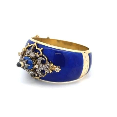 VICTORIAN DIAMOND SAPPHIRE BRACELET ENAMEL 14K YELLOW GOLD DOME BANGLE: VICTORIAN DIAMOND SAPPHIRE BRACELET ENAMEL 14K YELLOW GOLD DOME BANGLE This eye-catching wide dome bracelet is from the Victoria era, it is crafted from 18k yellow gold with blue enamel layer and yell