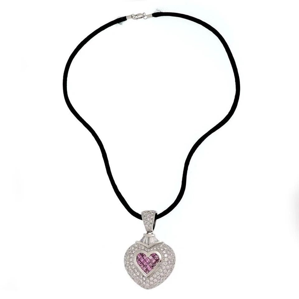 18K WHITE GOLD 8.00CT DIAMOND PINK SAPPHIRE HEART PENDANT CORD LIQUIDATION (1 of 2)