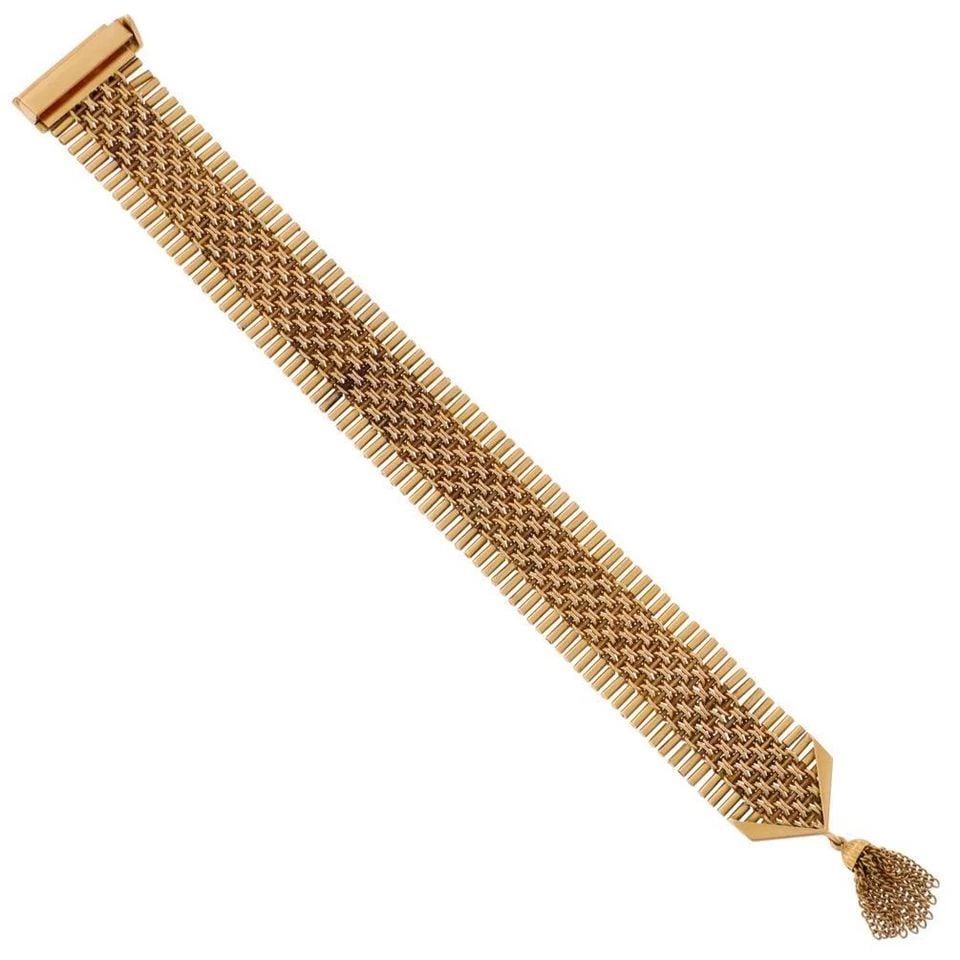 ESTATE 18K YELLOW GOLD 24MM WIDE PIN LINK TASSEL BRACELET LIQUIDATION (1 of 1)