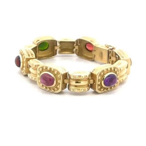 SEIDENGANG GOLD & GEMS BRACELET 18K YELLOW MULTICOLOR RECTANGLE LINKS 64 GRAMS: SEIDENGANG GOLD & GEMS BRACELET 18K YELLOW MULTICOLOR RECTANGLE LINKS 64 GRAMS This is a beautiful authentic bracelet by Seidengang, it is crafted from 18k yellow gold featuring alternating rectangle 