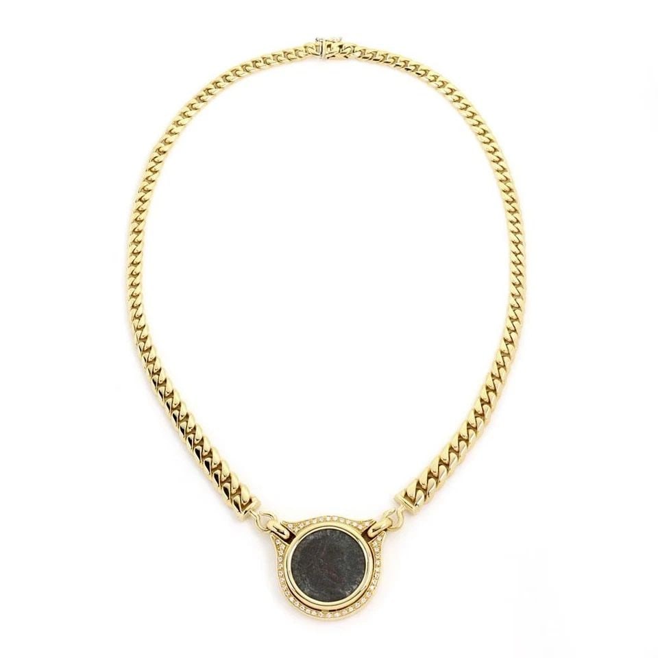 DIAMOND NECKLACE GOLD 18K YELLOW ROMAN COIN PENDANT VINTAGE (1 of 2)