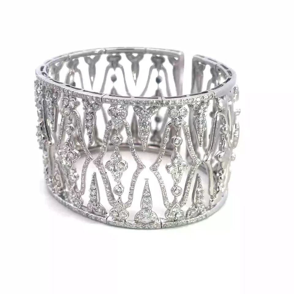 DIAMOND GOLD LUXURY BRACELET 18K WHITE LATTICE DESIGN WIDE FLEX CUFF BAND (1 of 1)