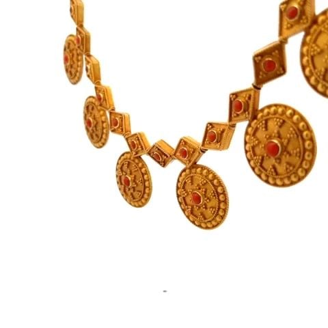 VICTORIAN ETRUSCAN 18K GOLD NECKLACE CORAL MEDALLION SLIDE CHARMS SPIGA CHAIN (1 of 1)