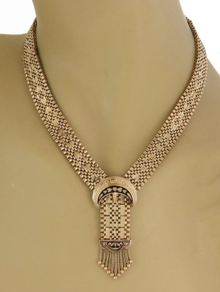 ESTATE 14K GOLD PEARLS ENAMEL CRESCENT TASSEL PENDANT NECKLACE LIQUIDATION: ESTATE 14K GOLD PEARLS ENAMEL CRESCENT TASSEL PENDANT NECKLACE Estate 14k Gold Pearls Enamel Crescent Tassel Pendant Necklace Description This beautiful vintage necklace is crafted from 14k yellow gol