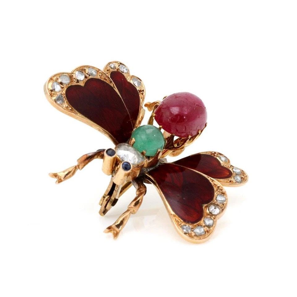 18K YELLOW GOLD ROSE DIAMOND EMERALDS RUBY ENAMEL 18K BUTTERFLY BROOCH (1 of 2)