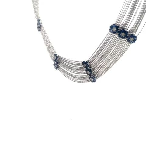 SAPPHIRE DIAMOND GOLD CHOKER NECKLACE BEADED 18K MULTI-CHAIN FLORAL STYLE: SAPPHIRE DIAMOND GOLD CHOKER NECKLACE BEADED 18K MULTI-CHAIN FLORAL STYLE This stunning choker necklace is crafted from 18k white gold featuring an 8.5 inches long centerpiece with 16 fine bead chain 