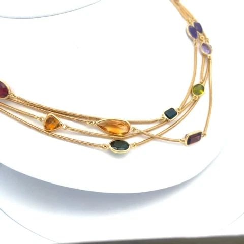GOLD NECKLACE MULTI-COLOR GEMS 18KYELLOW SNAKE CHAIN 90" (1 of 2)
