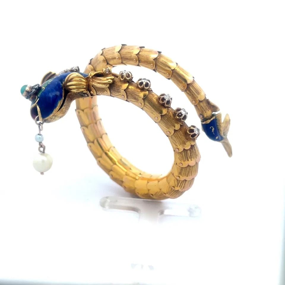 DIAMOND GOLD FISH WRAP BRACELET FISH ENAMEL & GEMS 14K YELLOW SCALE BAND: This amazing style bracelet features a long wrap scale design bracelet, it is crafted from 14k yellow gold with one end showing off a fish with blue enamel gemstone eye with diamond halo and a pearl d
