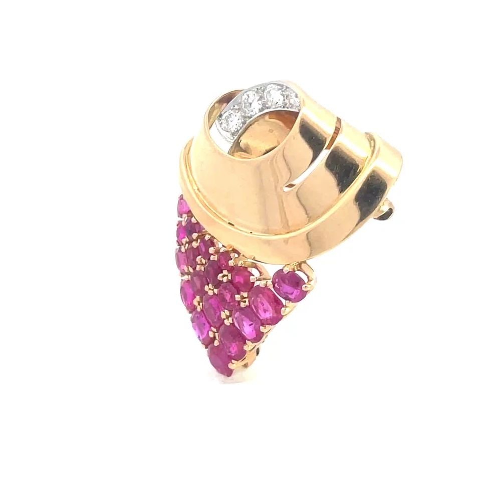 BURMESE NATURAL RUBY GOLD BROOCH DIAMOND 18K ROSE CLUSTER STYLE NO HEAT GIA (1 of 1)