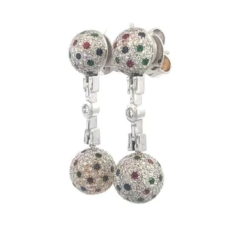 CONVERTIBLE DIAMOND GOLD EARRINGS DANGLE BALL 18K WHITE GEMSTONE: CONVERTIBLE DIAMOND GOLD EARRINGS DANGLE BALL 18K WHITE GEMSTONE This stunning pair of earrings are crafted from 18k white gold featuring a half dome at the top with pave set diamonds and small round 