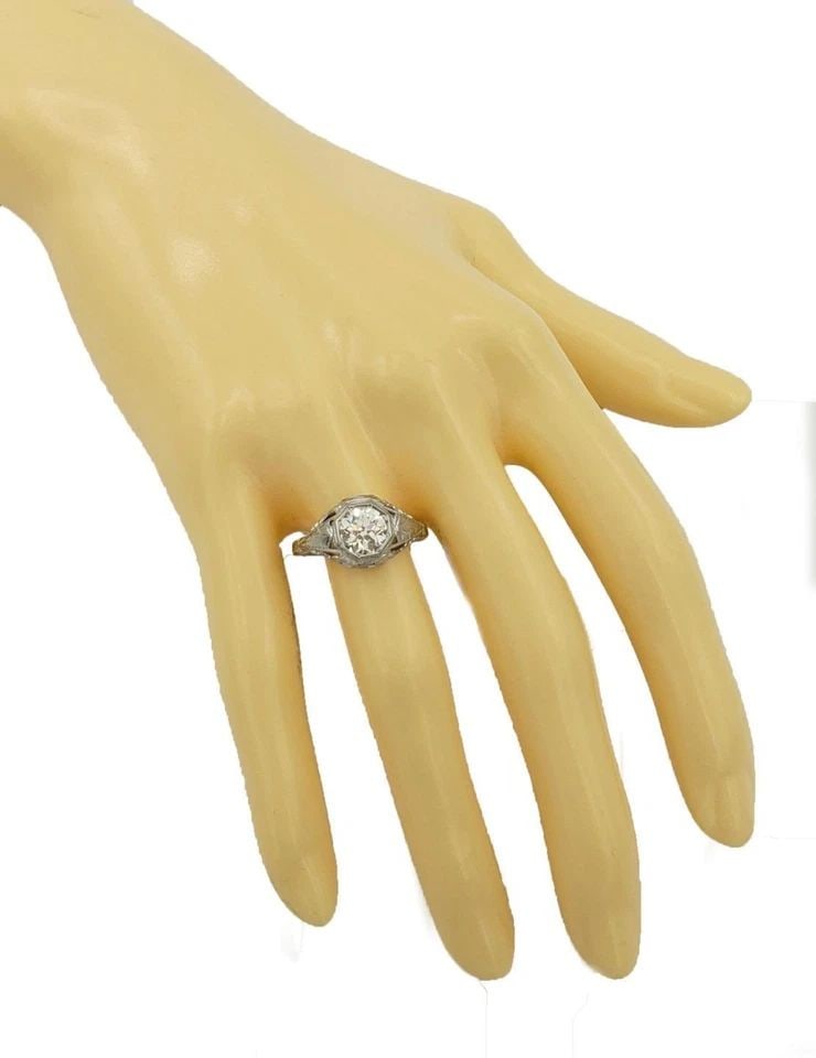 ART DECO SOLITAIRE RING 1CT EUROPEAN CUT DIAMOND 14K WHITE GOLD FILIGREE (1 of 2)