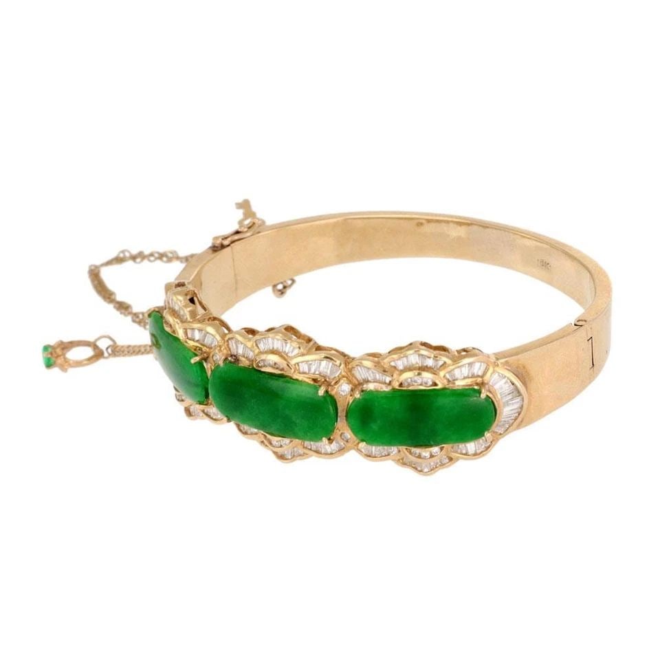 ESTATE JADE DIAMOND 18K YELLOW GOLD FLORAL WIDE BANGLE BRACELET (1 of 1)