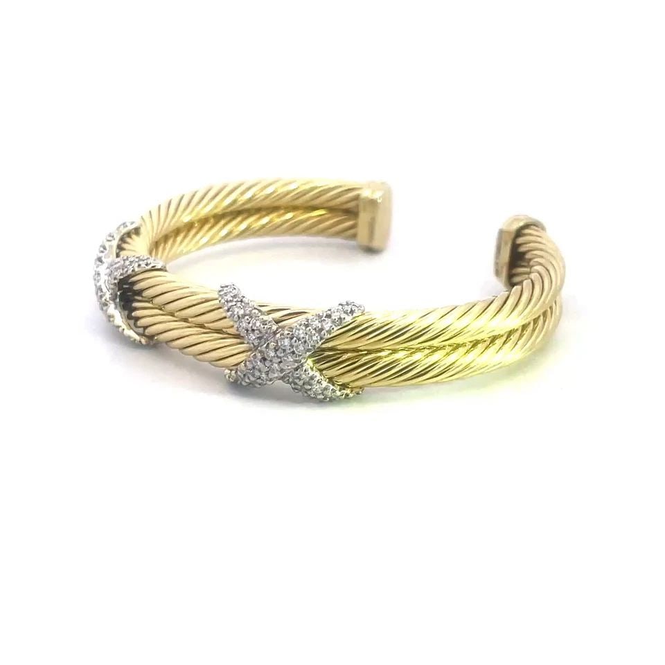 DAVID YURMAN GOLD CUFF BRACELET DIAMOND 14K TWO TONE DOUBLE X PAVE SET STYLE (1 of 1)