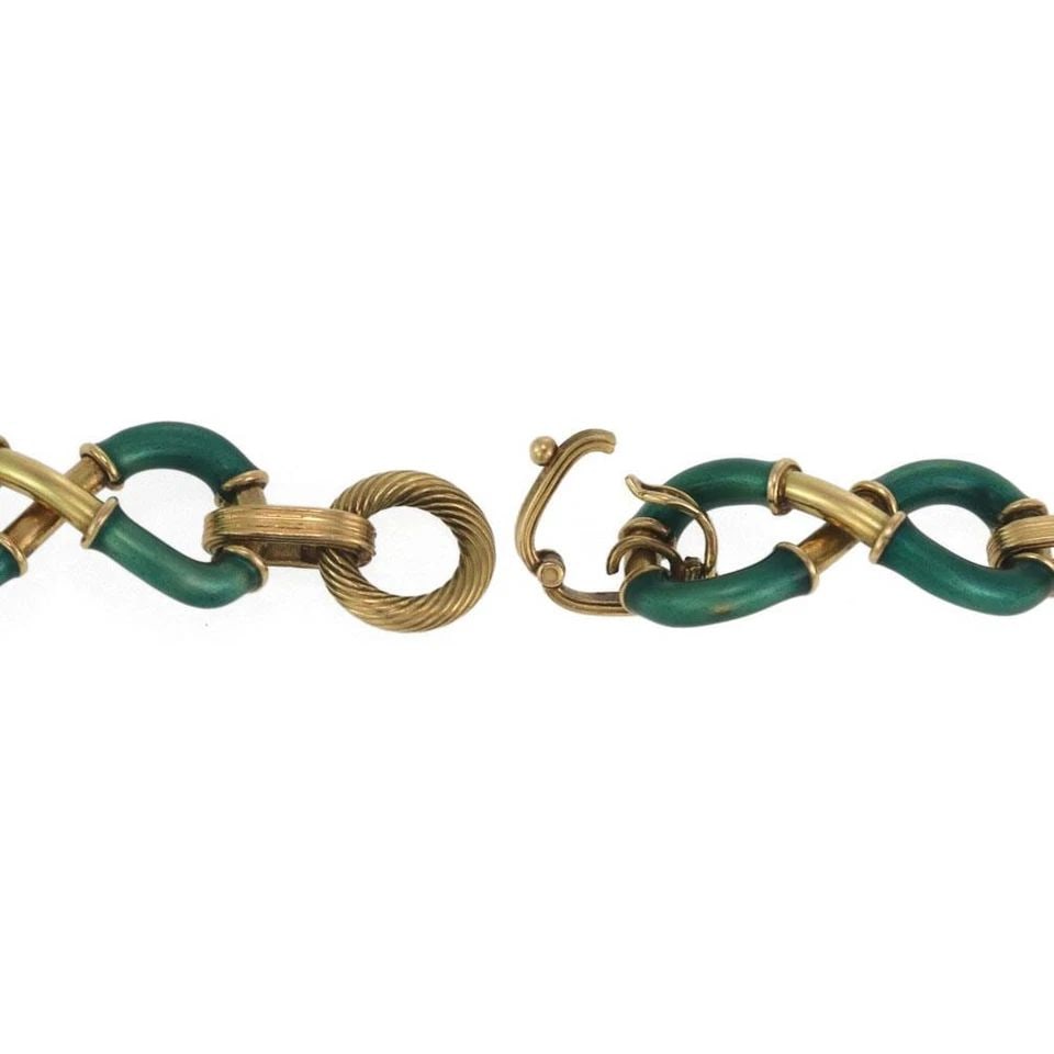 VINTAGE 18K YELLOW GOLD GREEN ENAMEL INFINITY LINK BRACELET LIQUIDATION (1 of 2)
