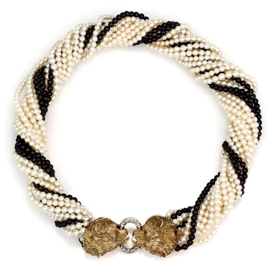 ESTATE DIAMOND RUBY 18K GOLD LION MULTI-STRAND PEARL NECKLACE (1 of 2)