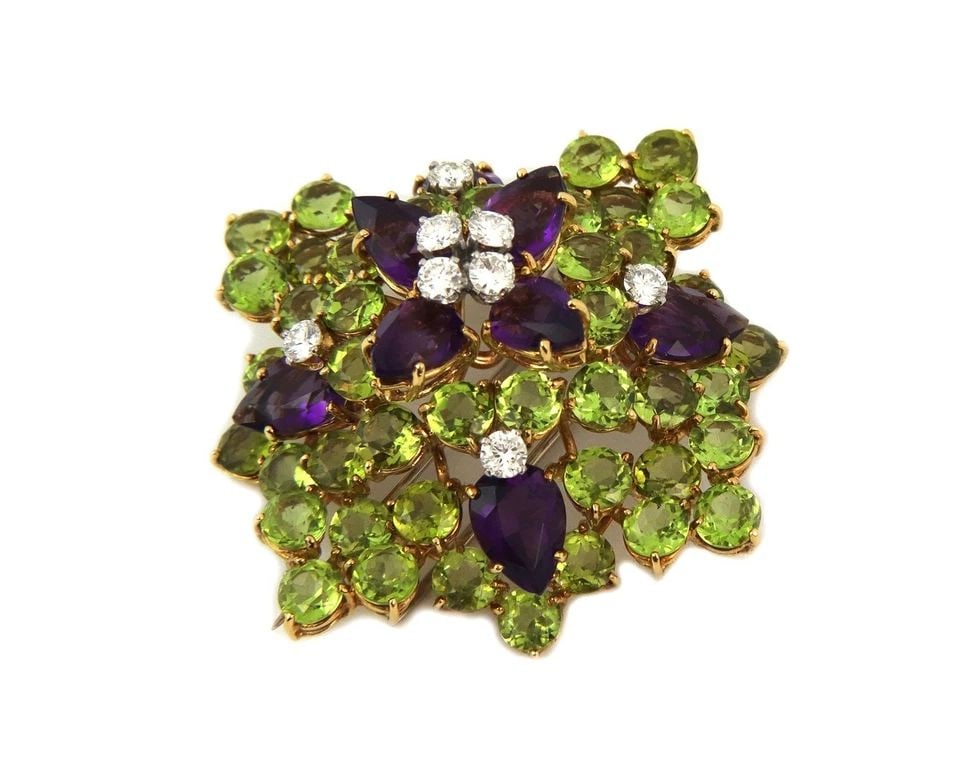 41CT DIAMOND PERIDOT & AMETHYST 18K YELLOW GOLD LARGE FLOWER BROOCH LIQUIDATION! (1 of 1)