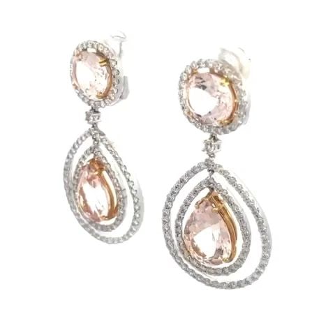 MORGANITE GOLD EARRINGS DIAMOND 2.50CT 18K TWO TONE GOLD DANGLE PEAR SHAPE (1 of 1)