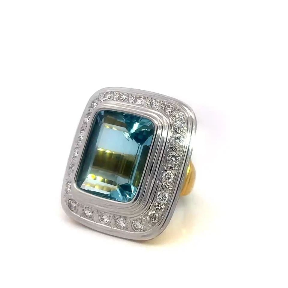 AQUAMARINE GOLD RING DIAMOND 18K TWO TONE LARGE HEAVY RECTANGLE ECRETT SIGNED (1 of 2)