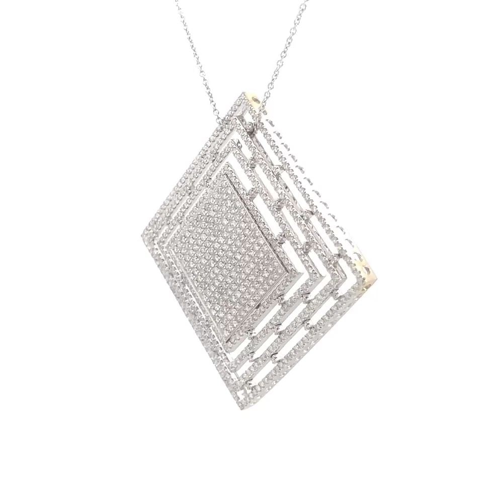DIAMOND GOLD SQUARE PENDANT 18K WHITE 6 CARAT PAVE SET OPEN STYLE W/14K CHAIN: This is a stunning open style square pendant 18k white gold with a fine oval ink 14k white gold chain. The pendant has 3 tiers open style step design, all with diamonds, the top center has a solid squ