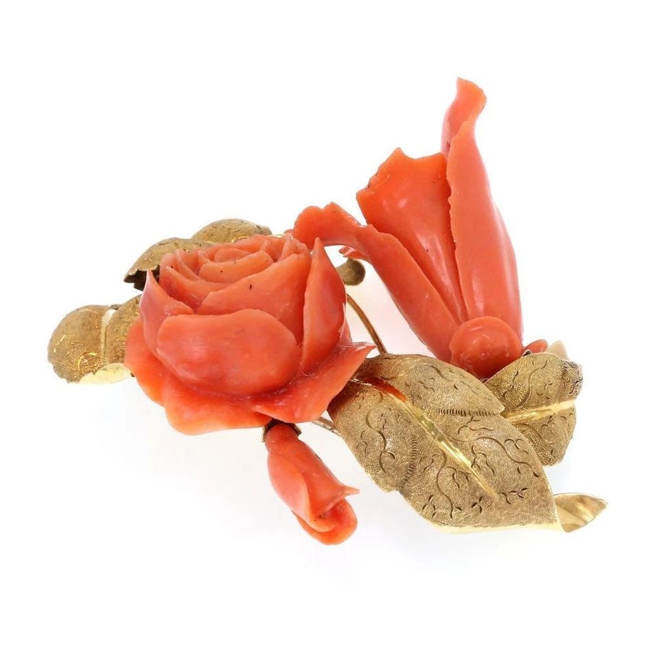 VINTAGE 14K YELLOW GOLD CARVED CORAL FLOWER & LEAVES BROOCH LIQUIDATION! (1 of 2)