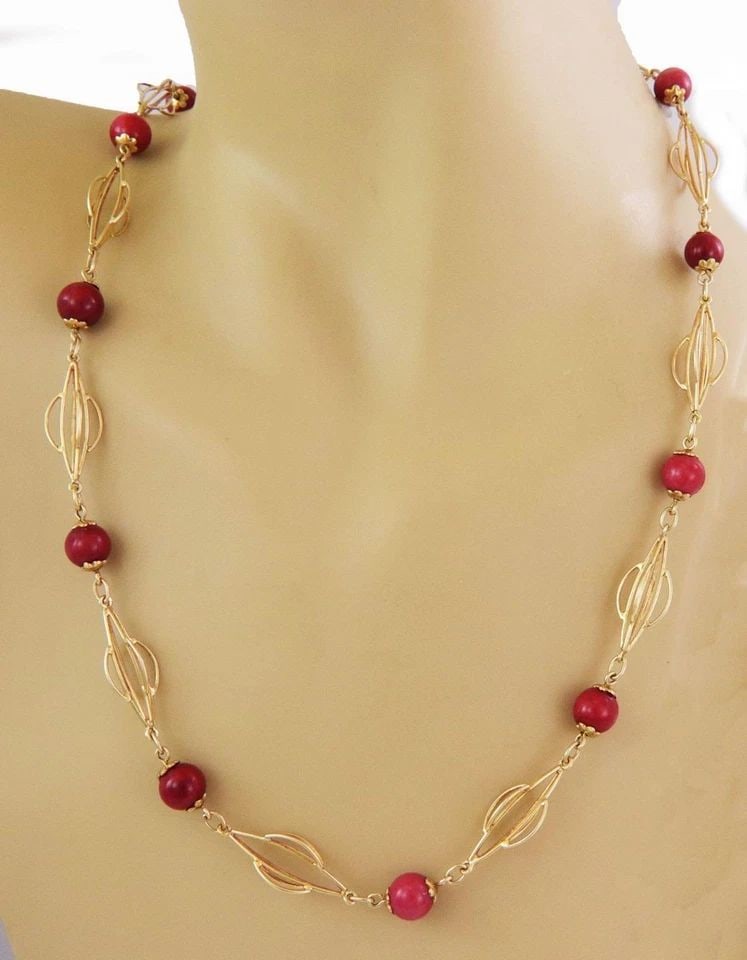 VINTAGE RED CORAL 18K YELLOW GOLD FANCY OPEN LINK BEAD NECKLACE LIQUIDATION (1 of 2)