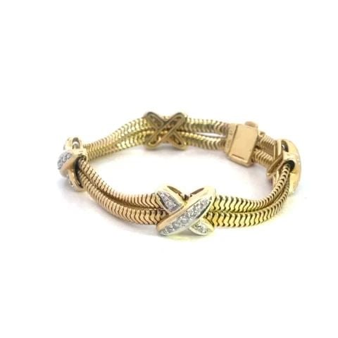 DIAMOND 14K GOLD BRACELET X MOTIFS TWO TONE DOUBLE SNAKE CHAIN (1 of 2)