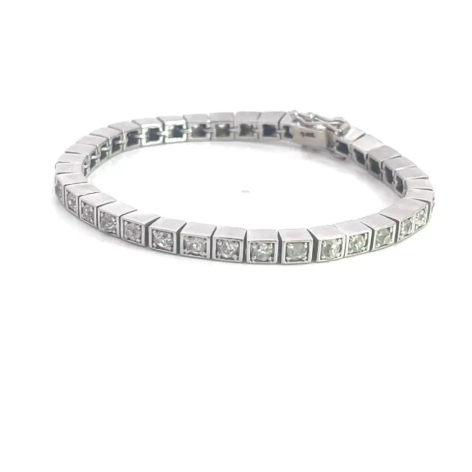 GOLD TENNIS BRACELET OLD MINE CUT DIAMONDS 4CT 14K WHITE CUBE LINKS ART DECO (1 of 2)