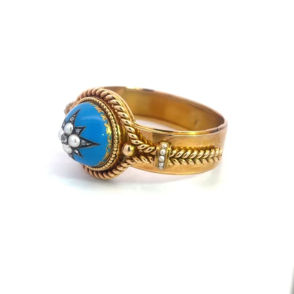 VICTORIAN DIAMOND ENAMEL GOLD BRACELET STARBURST DOME CENTER PEARLS (1 of 2)