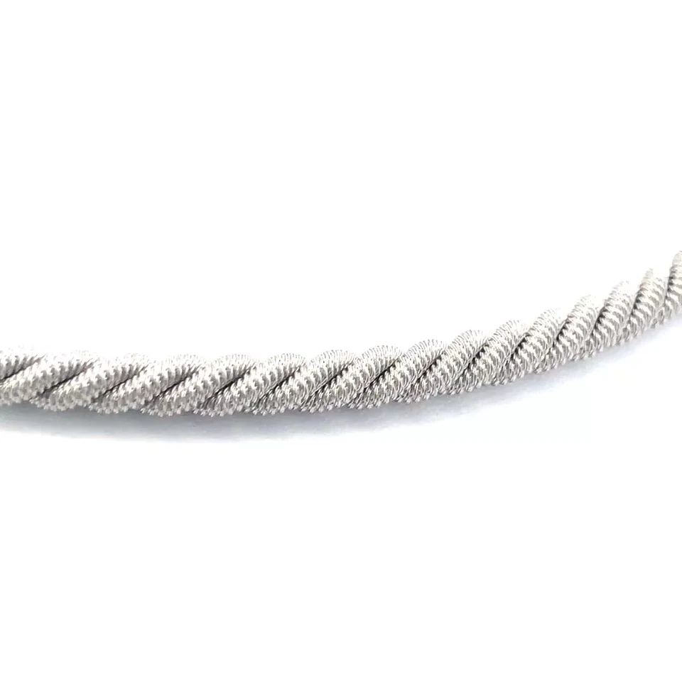 GOLD ROPE CHOKER NECKLACE 18K WHITE TEXTURED TWISTED CABLE STYLE: GOLD ROPE CHOKER NECKLACE 18K WHITE TEXTURED TWISTED CABLE STYLE This chic fashionable necklace is crafted from 18k white gold featuring a 5mm thick twisted rope style cable choker design. The necklac