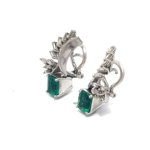 EMERALD VINTAGE EARRINGS RING SET DIAMOND 10K WHITE GOLD (1 of 1)
