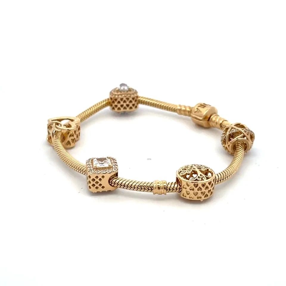 4907 PANDORA 14K YELLOW GOLD 5 SLIDE CHARMS SNAKE CHAIN BRACELET (1 of 2)