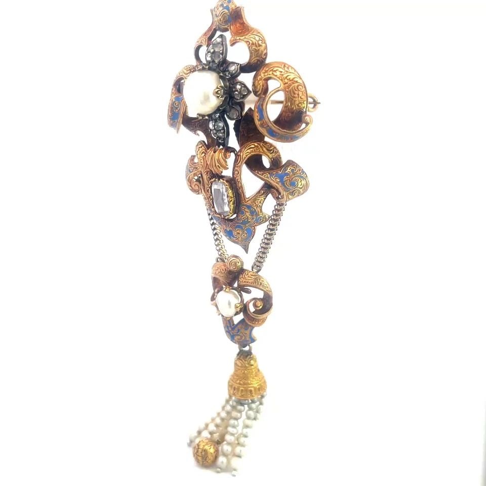 VICTORIAN DIAMOND GOLD BROOCH 18K ROSE GOLD & SILVER PEARLS ENAMEL FLORAL (1 of 2)