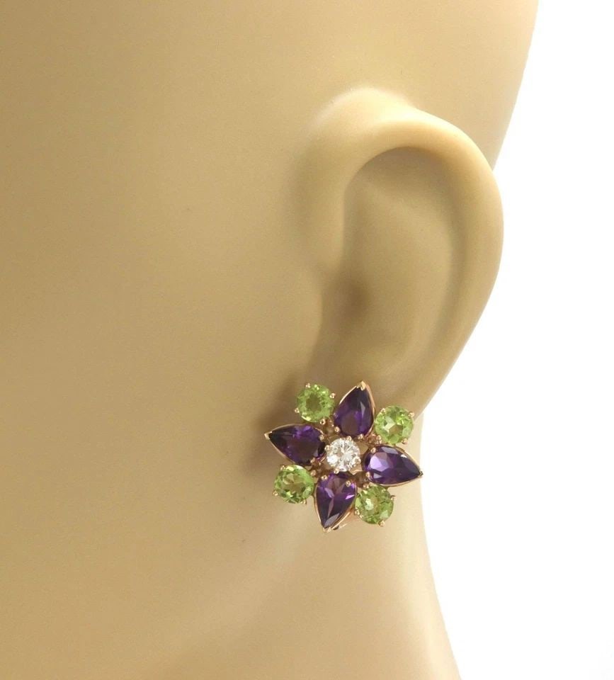 ESTATE 10.60CT DIAMOND PERIDOT AMETHYST 14K GOLD FLOWER EARRINGS LIQUIDATION (1 of 2)