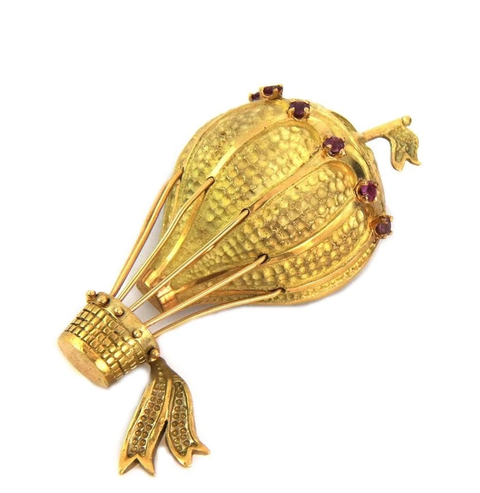 RUBY GOLD PENDANT HOT AIR BALLOON BROOCH 18K YELLOW (1 of 1)