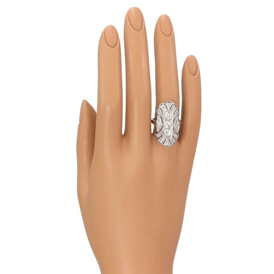 18K WHITE GOLD DIAMOND ART DECO LONG FLORAL RING SIZE 6 (1 of 2)