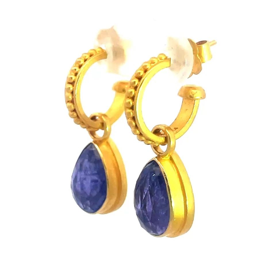 CAROLYN TYLER GOLD GEMSTONE EARRINGS 18K YELLOW DANGLE STYLE: CAROLYN TYLER GOLD GEMSTONE EARRINGS 18K YELLOW DANGLE STYLE The Carolyn Tyler Gold Gemstone Earrings are a stunning pair of 18k yellow gold beaded hoop top dangle style earrings featuring teardrop-sh