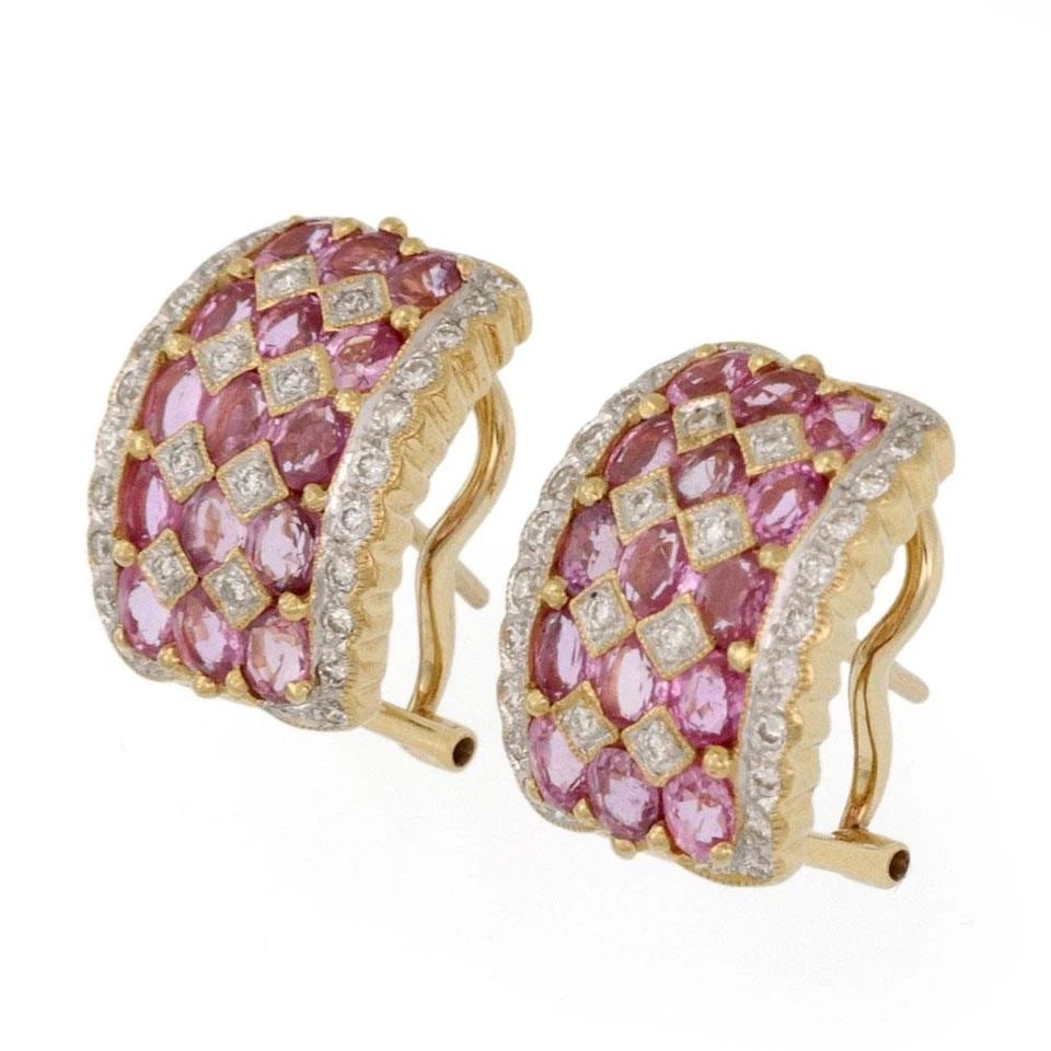 ESTATE 5.60CT DIAMOND PINK SAPPHIRE 18K GOLD HUGGIE EARRINGS - LIQUIDATION: ESTATE 5.60CT DIAMOND PINK SAPPHIRE 18K GOLD HUGGIE EARRINGS - Estate 5.60ct Diamond Pink Sapphire 18k Gold Huggie Earrings - Description This is a gorgeous pair of Heggie earrings, from 18k yellow go