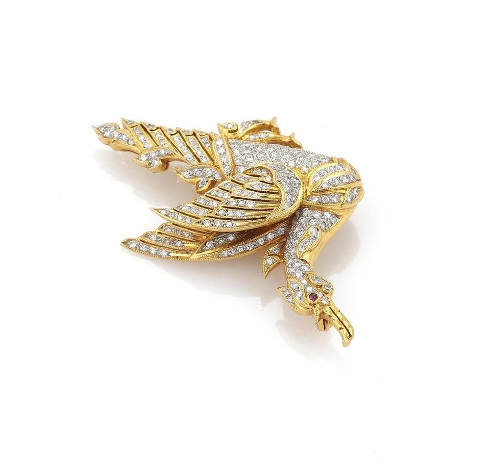 LOVELY 1.82CT DIAMOND RUBY 18K YELLOW GOLD SWAN BROOCH PIN LIQUIDATION! (1 of 1)