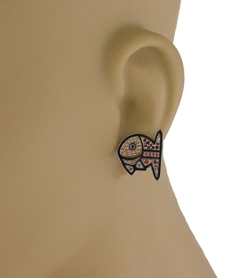 ROMERO BRITTO X OC 18K GOLD STUD FISH EARRINGS MULTICOLOR GEMSTONES ENAMEL (1 of 2)
