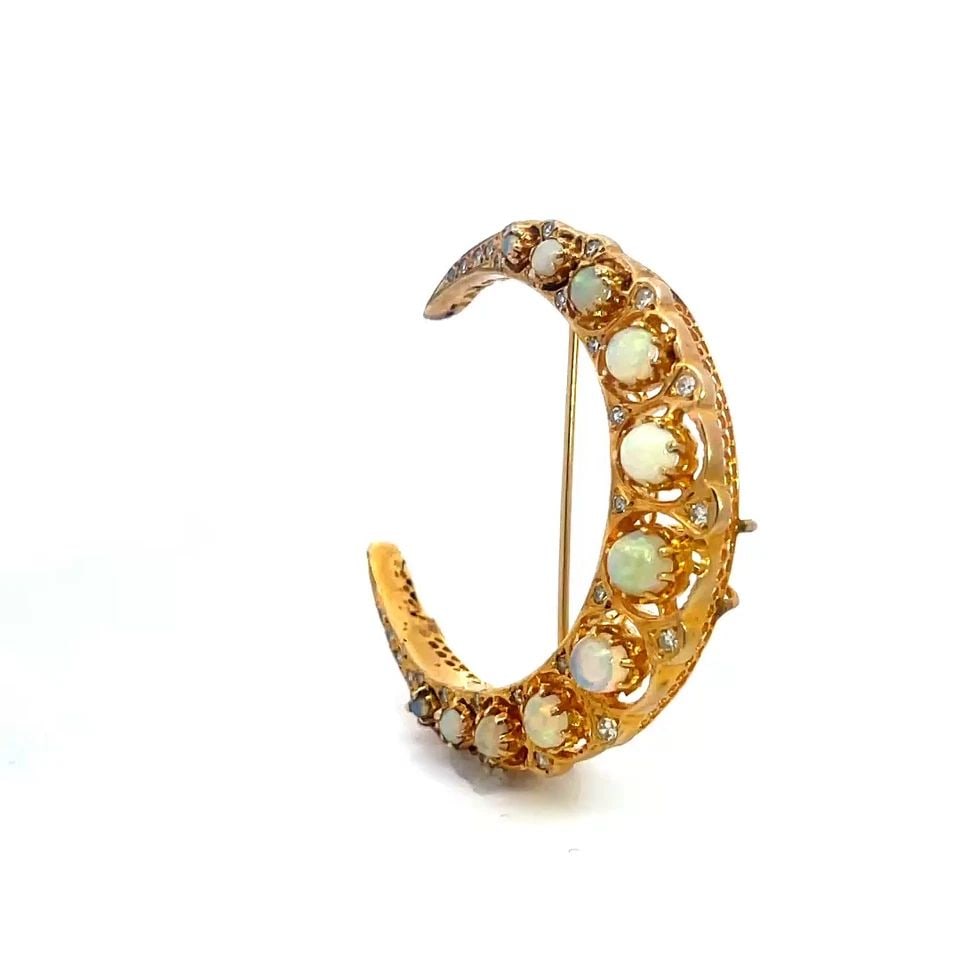 DIAMOND OPAL GOLD BROOCH/PENDANT 14K YELLOW CRESCENT MOON STYLE (1 of 2)
