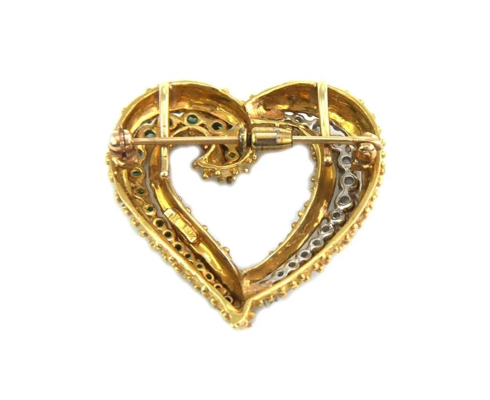 18K YELLOW & WHITE GOLD DIAMOND & EMERALD HEART PENDANT PIN (1 of 2)