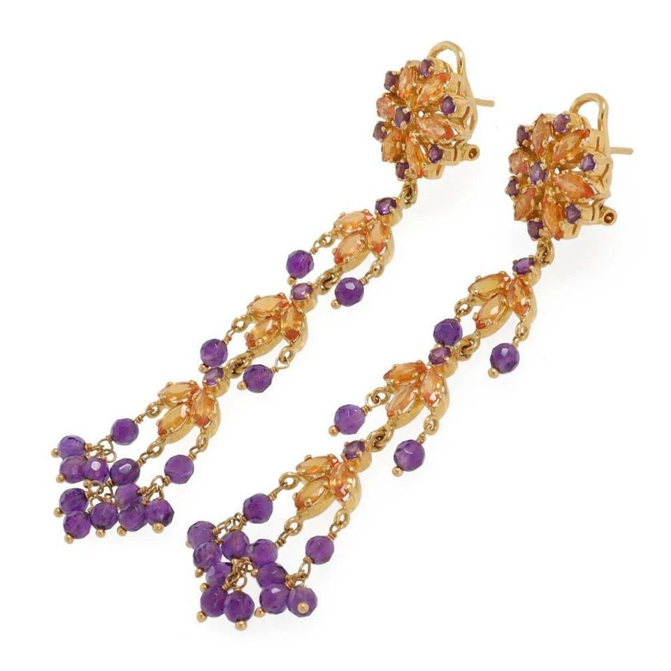 STUNNING 22K GOLD AMETHYST CITRINE LONG DANGLE FLORAL EARRINGS (1 of 1)