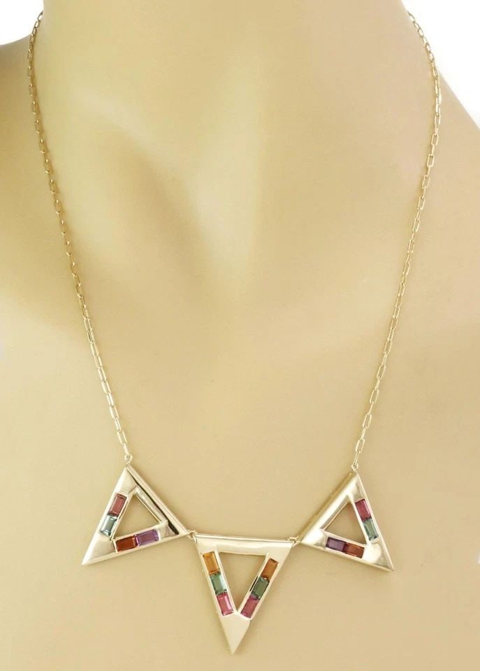 VINTAGE MULTICOLOR GEMS 18K YELLOW GOLD TRIANGLE PENDANT NECKLACE LIQUIDATION! (1 of 2)