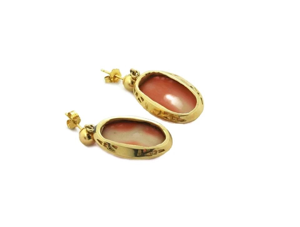 RETRO 14K GOLD OVAL CABOCHON SALMON CORAL DROP DANGLE EARRINGS LIQUIDATION! (1 of 1)