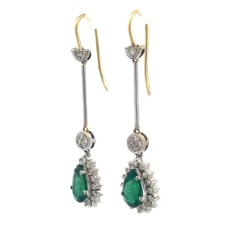 EMERALD DANGLE EARRINGS 17K GOLD PLATINUM TEARDROP HALO ESTATE: EMERALD DANGLE EARRINGS 17K GOLD PLATINUM TEARDROP HALO ESTATE This lovely pair of vintage earrings are crafted from 17k yellow and white gold with the platinum stick bar between the hook and the tear