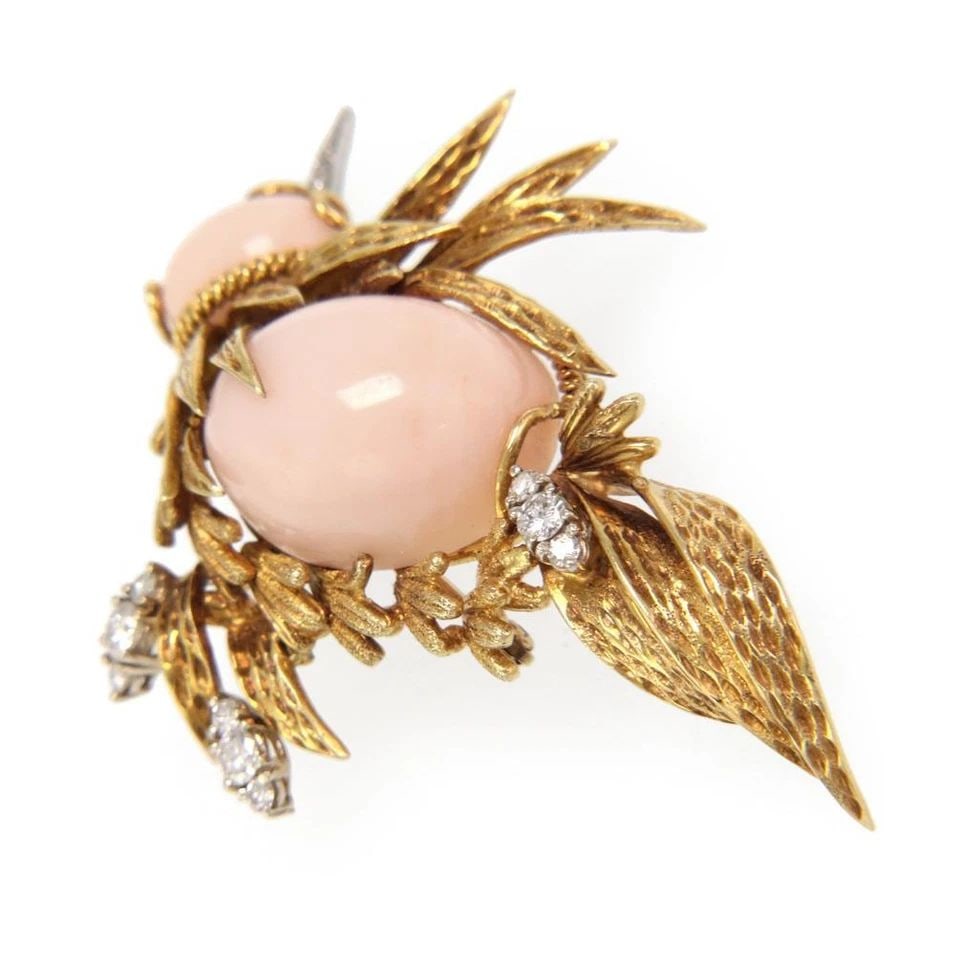 BIRD BROOCH DIAMOND CORAL 18K YELLOW GOLD LARGE SIZE (1 of 1)