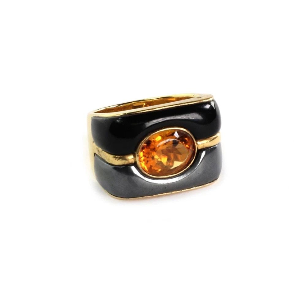 MING'S CITRINE & ONYX 18K YELLOW GOLD HEMATITE 15.5MM WIDE RING LIQUIDTION! (1 of 2)