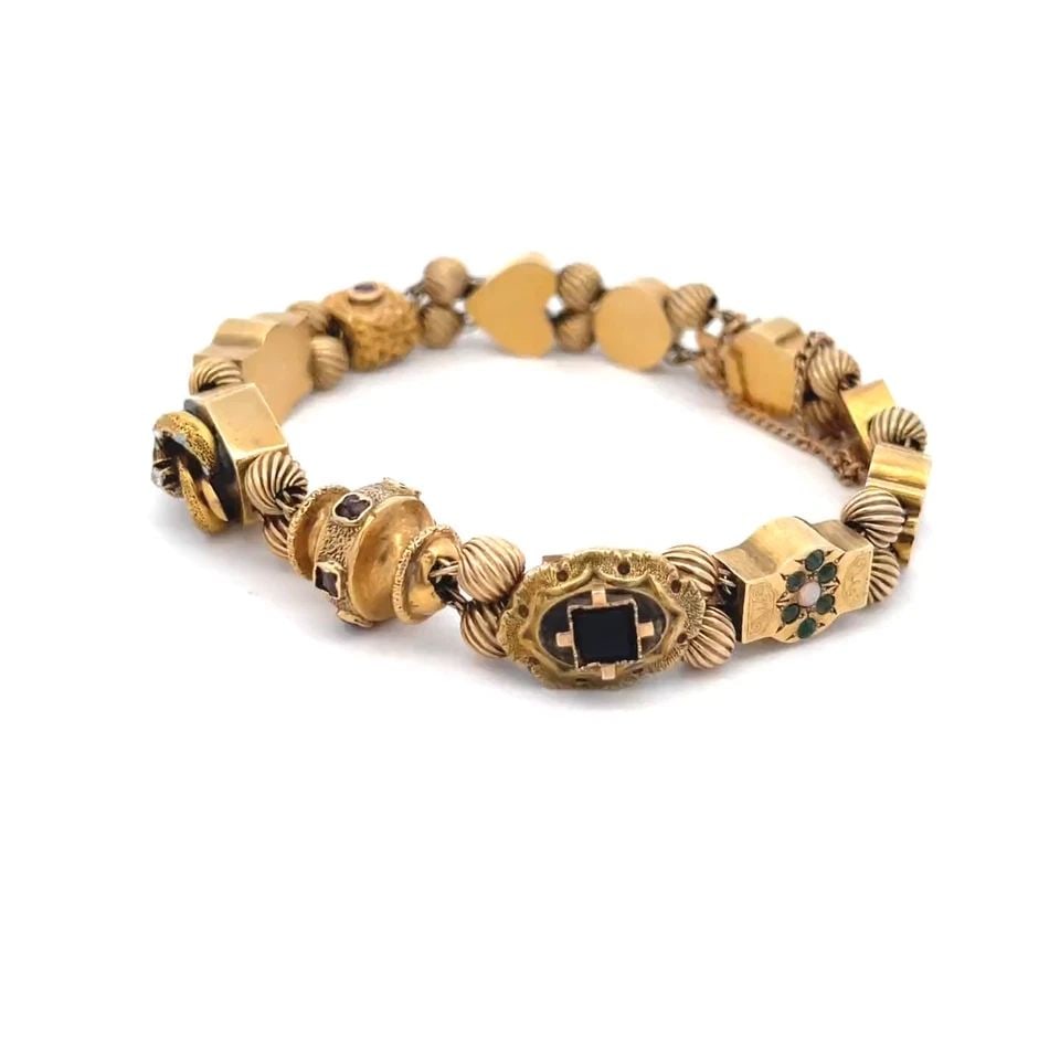 VINTAGE MULTICOLOR GEMS ENAMEL 14K YELLOW GOLD 11 SLIDE CHARMS BRACELET (1 of 2)